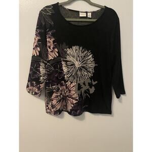 Weekends By Chico's Women's Multicolor Floral 3/4 Sleeve T-Shirt Large